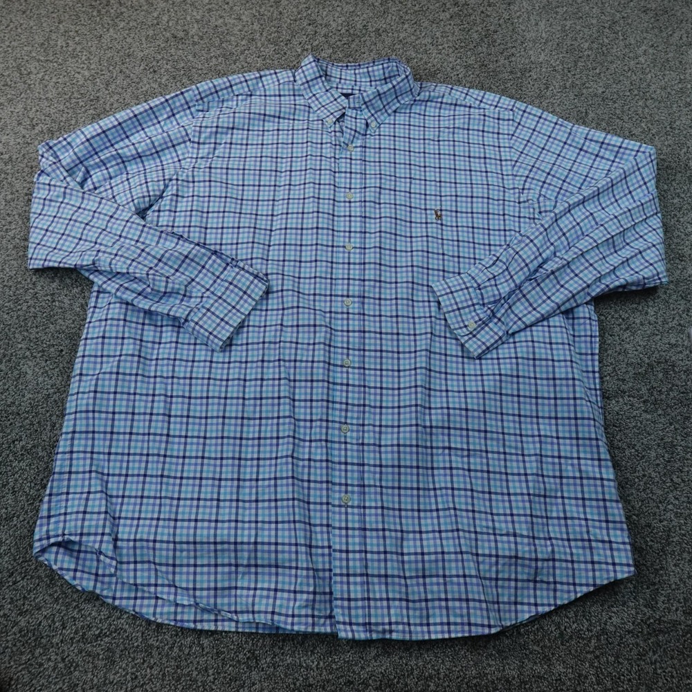 Ralph Lauren Shirt Mens 3XLT Blue Plaid Button Up Long Sleeve Flesh Pony Preppy